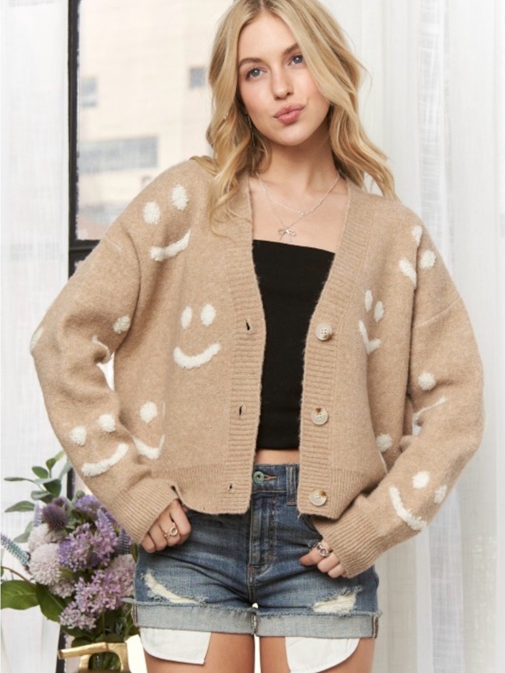 Beige Smiley Knit Cardigan Sweater - Women's